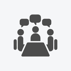 Three figures are sitting around a table, with speech bubbles above them