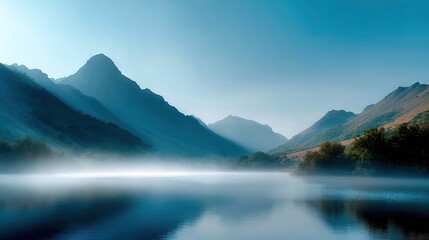 Naklejka premium A serene lake surrounded by lush foliage and enveloped in mystical fog