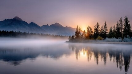 Fototapeta premium The sun descends onto a lake, surrounded by trees and shrouded by fog in the foreground