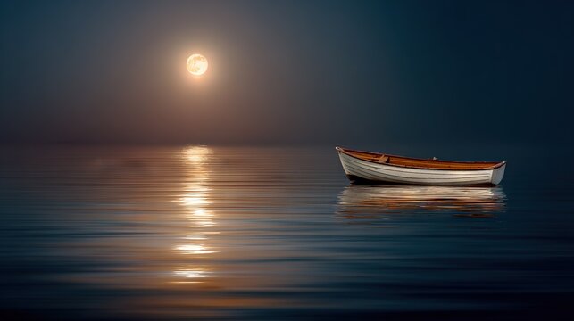   A tiny vessel gliding atop a massive expanse of water, bathed beneath a radiant moon and a solitary twinkling star above