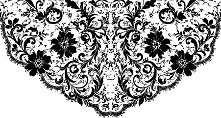 Elegant black floral lace pattern with intricate swirls and blossoms, perfect for vintage design projects and sophisticated textile applications.