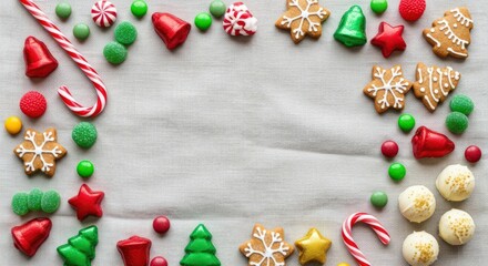 Festive Christmas sweets frame including gingerbread cookies candy canes and colorful candies arranged on a textured white background