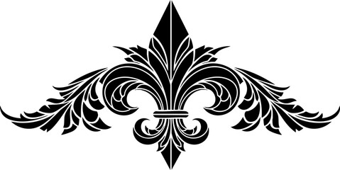 Elegant black fleur de lis emblem with ornate swirling foliage creating a sophisticated decorative flourish for luxurious design projects