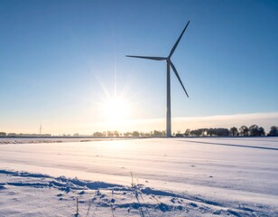 Fototapeta premium Wind turbine standing in snowy field capturing renewable energy