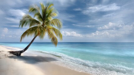 Obraz premium A palm tree atop a sandy beach, near the ocean on a sunny day with cloudy skies