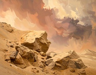 Martian Landscape with Boulders and Dramatic Sky Painting.