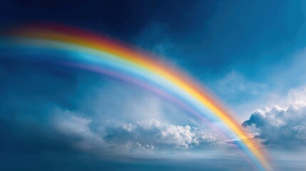   A rainbow is visible in the sky over a body of water with a boat beneath it