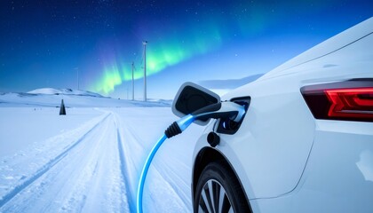 Fototapeta premium Electric car charging renewable energy with aurora borealis