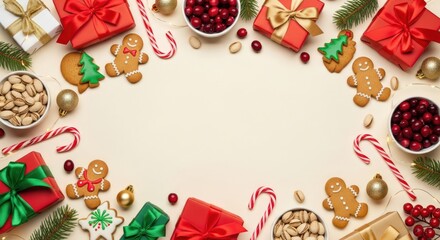 Festive Christmas background with gifts gingerbread cookies and cranberries creating a holiday frame for seasonal greetings and promotions