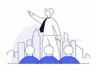 Business leader guiding team, leadership and motivation, confident expression, city skyline background