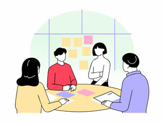 Diverse business team brainstorming in modern glass office, natural light, professional attire, minimalistic design
