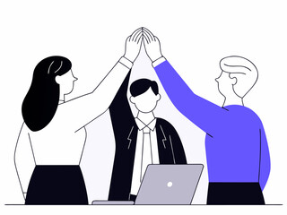 Boss and employees high-fiving, success celebration, teamwork achievement concept