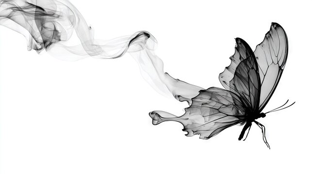  A monochromatic image of a butterfly with smoke emanating from its back wings and tips