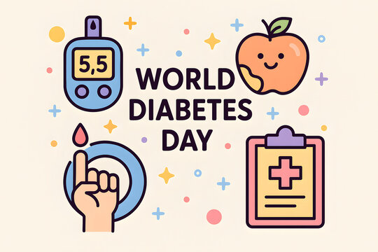 World diabetes day illustration with blood glucose meter and apple promoting health awareness