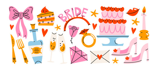 Fototapeta na wymiar Bachelorette party icons and girls night elements in retro cartoon. Bride dress, cake, champagne glasses, disco ball. Fun celebration composition for bridal shower and wedding party illustration