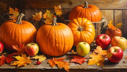 Autumn Harvest - Pumpkins, Apples, and Maple Leaves on Rustic Wood.