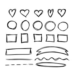 Hand-drawn doodle shapes hearts, circles, squares, rectangles, ribbons, and lines