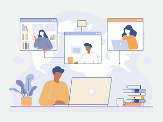 Remote digital nomad team collaborating online, global workspace