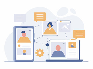 Flat design concept of digital collaboration, mobile and desktop integration