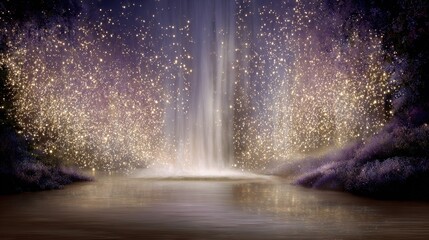   A vibrant depiction of a waterfall cascading into a tranquil pool, surrounded by dazzling pyrotechnic displays