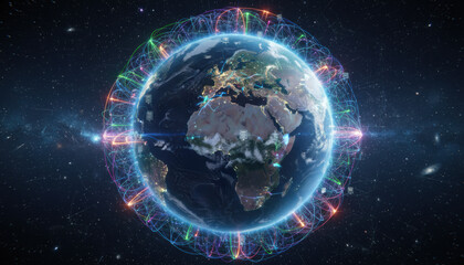 An illustration shows Earth in space with colorful lines representing data connections. The planet is vibrant, highlighting continents while surrounded by a digital network