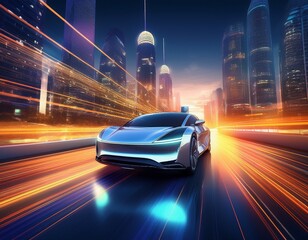 Fototapeta premium photo panorama background of modern electric ev car driving into a modern city with streak lights high technology automotive theme generative ai