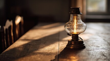   A wooden table with two light bulbs perched on top