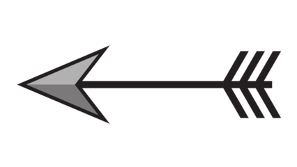 Stylized graphic arrow points sharply left against a stark black background, vector icon.