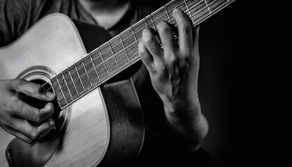 close up of a guitarist s hands playing an acoustic guitar the image is in black and white creating a dramatic and timeless feel
