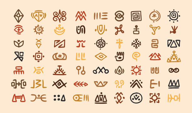 African tribal symbols Abstract geometric shapes doodle decoration set. Ethnic boho elements collection. Colorful mayan hand drawn design. 