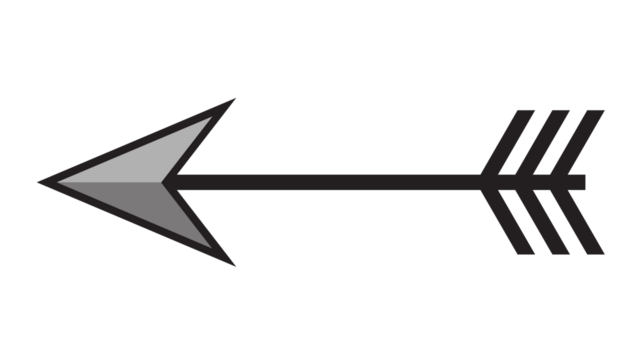 Stylized graphic arrow points sharply left against a stark black background, vector icon.