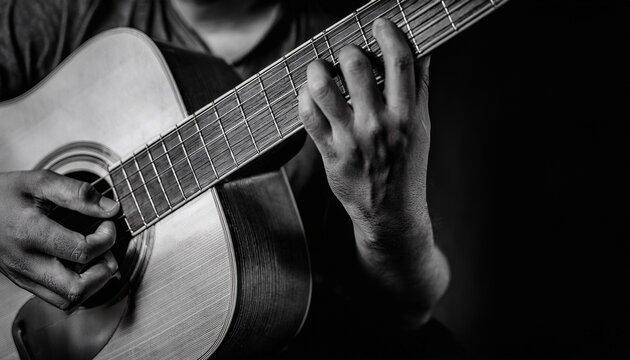 close up of a guitarist s hands playing an acoustic guitar the image is in black and white creating a dramatic and timeless feel - Powered by Adobe