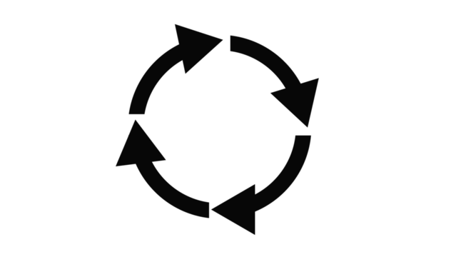 Four arrows illustrate circular flow and interconnected movement around a dark backdrop.
