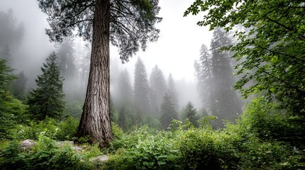 A tall tree stands alone amidst lush greenery in a dense forest during a foggy day