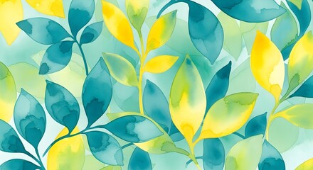 Watercolor Leaf Pattern – Teal Yellow Botanical Art for Design & Decor