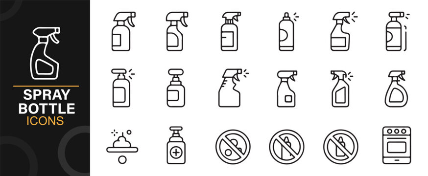 Outline spray bottle vector pack for home hygiene, cleaning tools, and disinfectant solutions.