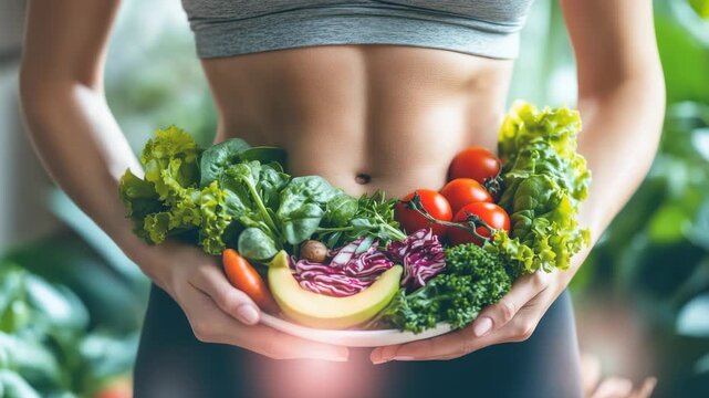Nutrition balance view: female figure, healthy shape, fruit portion, vegetable color, food concept, meal plate, body curve, wellness model, diet form, natural product, lifestyle image, fitness tone