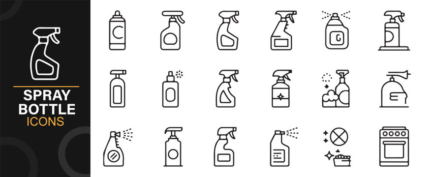 Collection of linear cleaning product icons including detergent and trigger spray bottles.