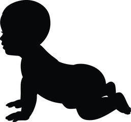 Black silhouette of crawling baby on white background, adorable infant child vector illustration for family, parenting, childhood, nursery, and love concept design