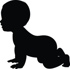 Black silhouette of crawling baby on white background, adorable infant child vector illustration for family, parenting, love, care, childhood design concept