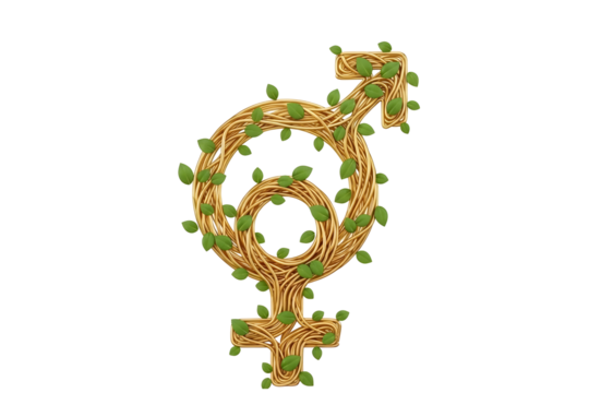 Golden gender symbol with green leaves isolated on transparent background