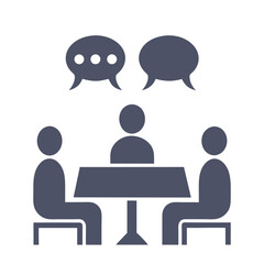 Three people are sitting at a table while having a discussion icon