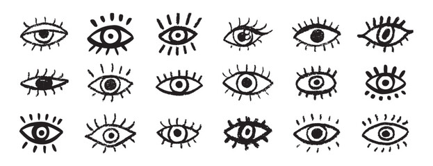 Grunge eyes hand drawn doodle icon set. Open black eyes with bold line. Monochrome eye element