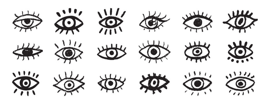 Grunge eyes hand drawn doodle icon set. Open black eyes with bold line. Monochrome eye element