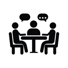 Simple icon represents a discussion between three people seated at a table