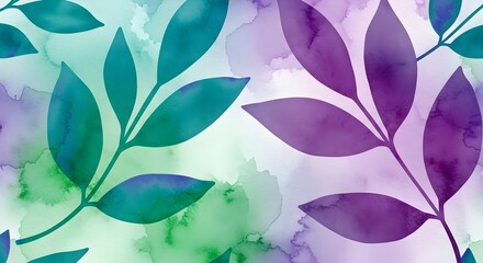 Watercolor Botanical Leaves Clipart – Teal & Purple Aesthetic PNG Background