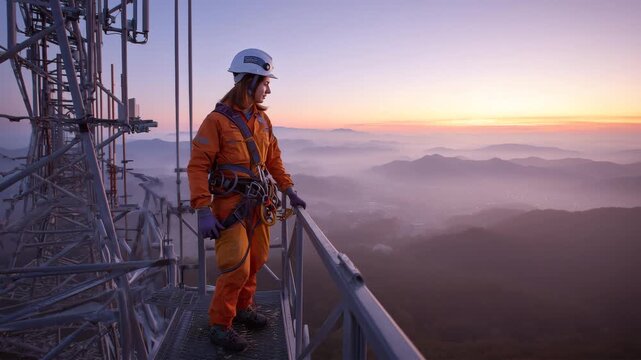 女性が送信塔で安全装備を整える