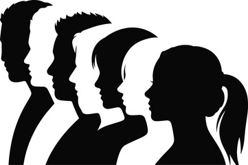 Human profile silhouettes of men and women in side view, diversity concept illustration, teamwork, communication, equality, and social unity art