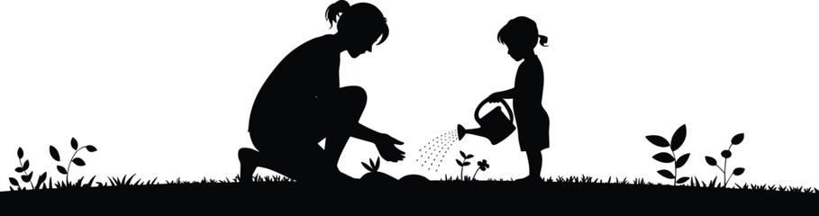 Silhouette of mother and child gardening together, watering plants, nature care, family bonding, outdoor activity, love, growth, eco-friendly parenting concept