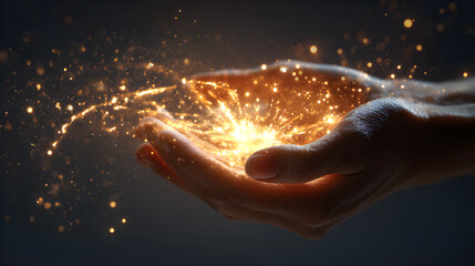 Hands holding glowing energy orb, isolated on transparent background